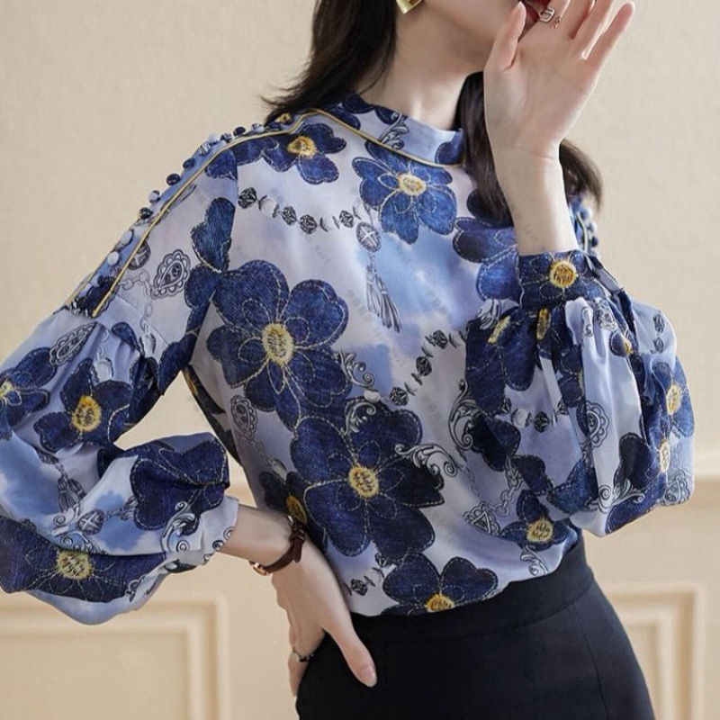 Áo chiffon tay phồng dáng rộng in họa tiết Size M-3XL màu xanh dương / hồng cho nữ