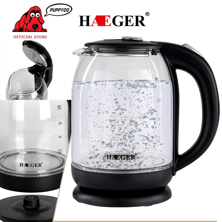 Ấm siêu tốc thủy tinh HAEGER HG-7839 dung tích 2L công suất đun lên đến 2000W đun sôi chỉ từ 4 phút chống quá nhiệt