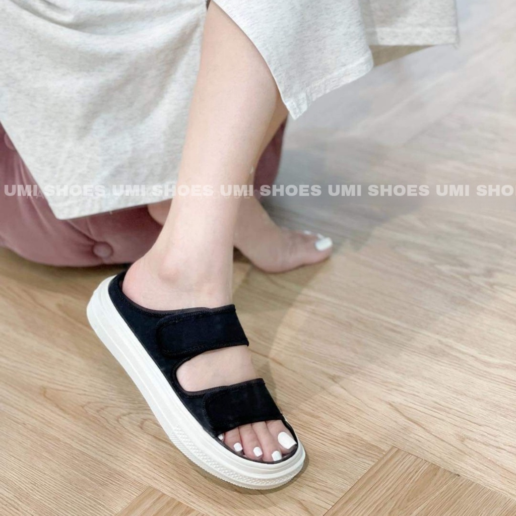 [NOWSHIP] Giày sục vải hở mũi đế bánh mì quai ngang màu đen trắng đơn giản hot mới năng động buộc dây vải kiểu Hàn Quốc