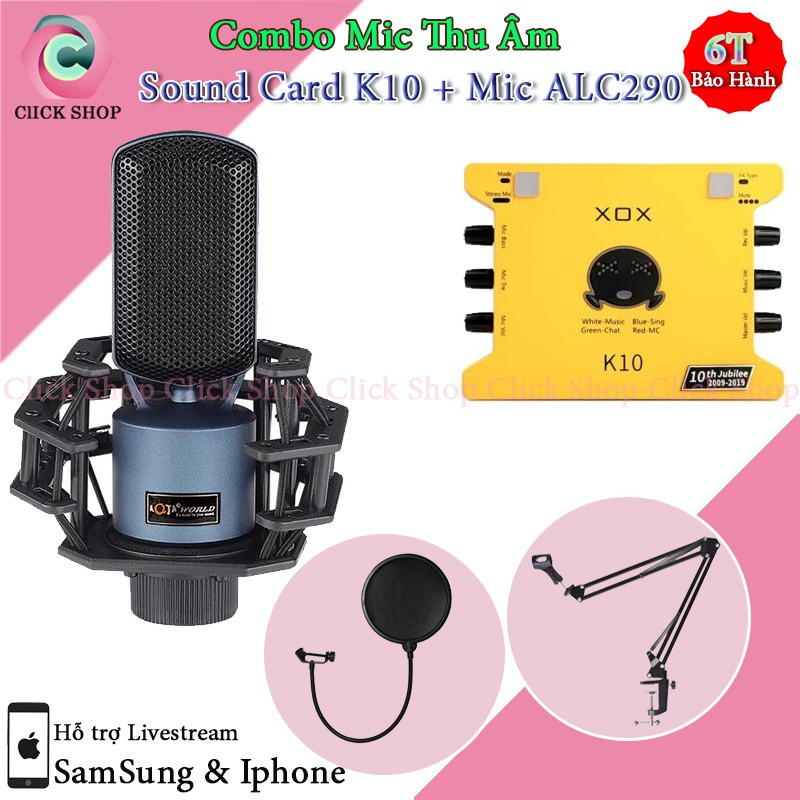 Combo Mic Thu Âm Aqta ALC290 và Sound Card XOX K10 2020 Bản Tiếng Anh Đi Kèm Chân Kẹp Màng Lọc