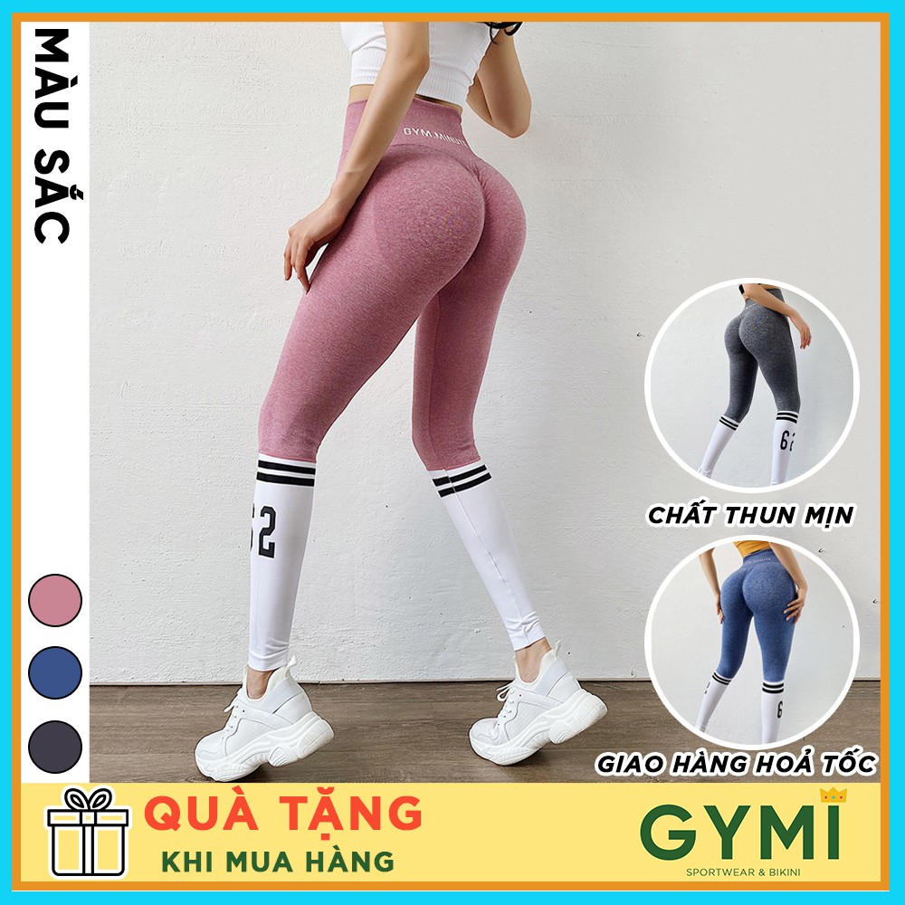 Quần tập gym nữ chun mông GYMI QD26 dáng legging yoga lưng cao nâng mông chân viền trắng thể thao