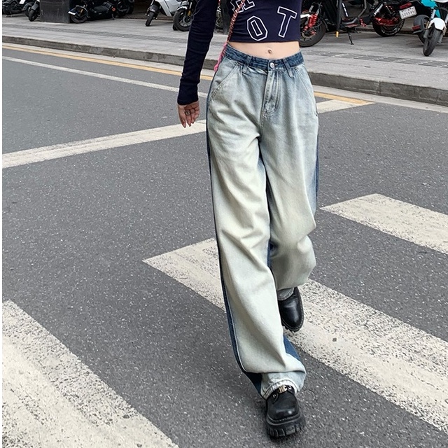 Quần jeans dài hai màu phân nửa ống rộng phong cách retro