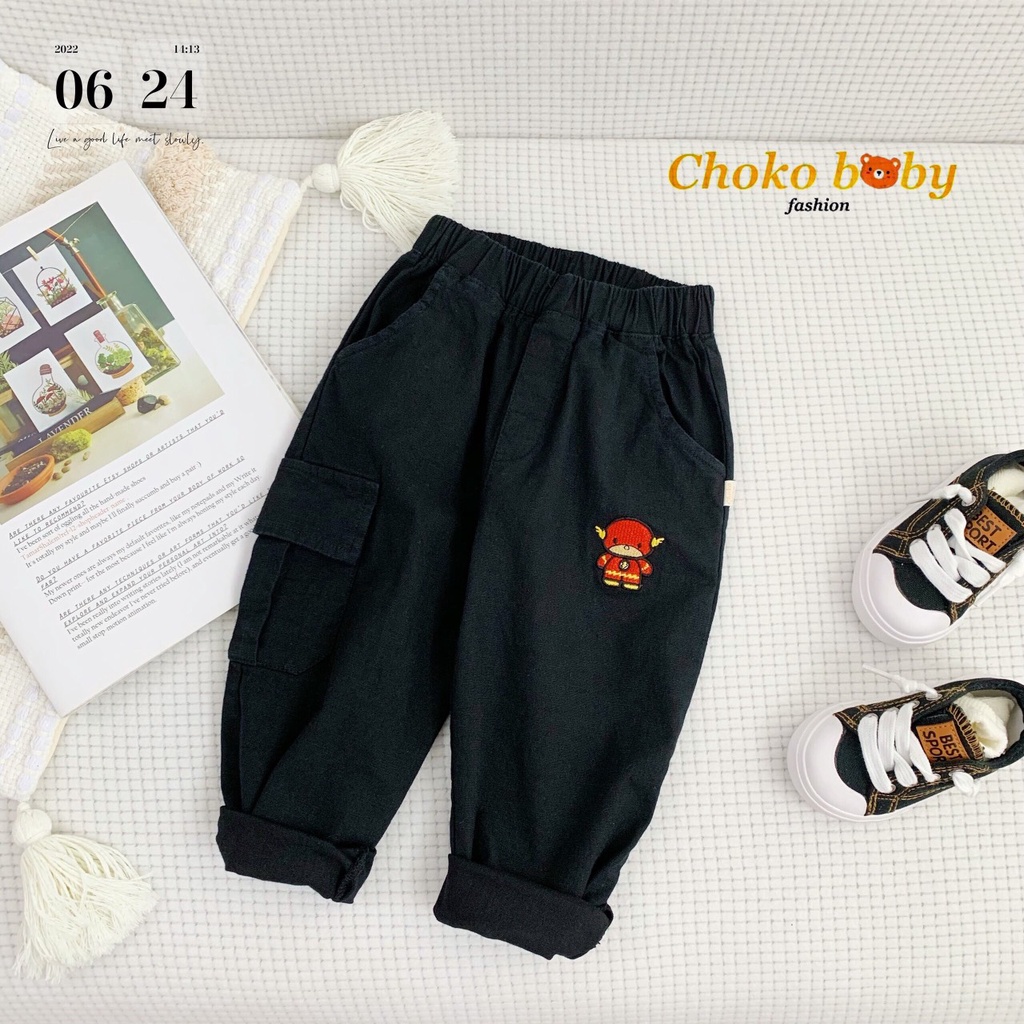 Quần dài bé trai thêu hoạ tiết siêu anh hùng, quần linen dài cá tính bé trai