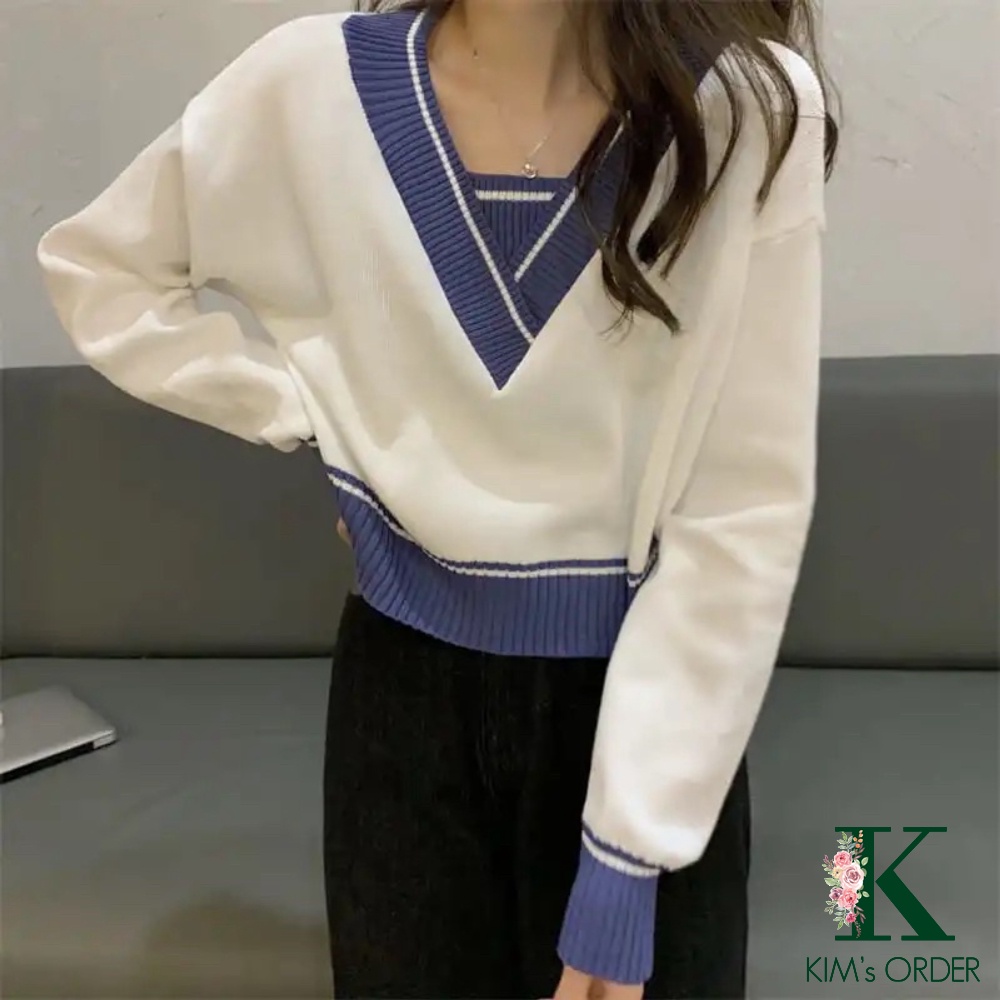 Áo Len Nữ Croptop Cổ Chữ V Màu Xanh Đen Trắng Be Xám Dài Tay Phong Cách Ulzzang Hàn Quốc Loại Đẹp Hàng Quảng Châu | WebRaoVat - webraovat.net.vn