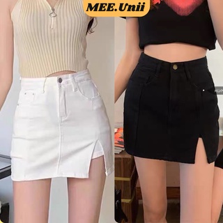 Chân váy jeans kaki nữ xẻ đùi MEE.UNII ngắn cạp cao trắng đen, chân váy bò dáng chữ A bó sát có quần trong