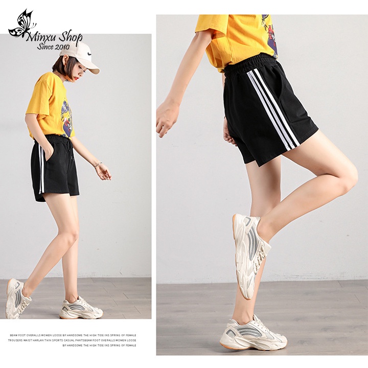 Quần đùi nữ 3 sọc chất Umi Hàn cao cấp, quần short Nữ mặc nhà kẻ sọc viền TÚI 2 BÊN trẻ trung Minxu Shop QS