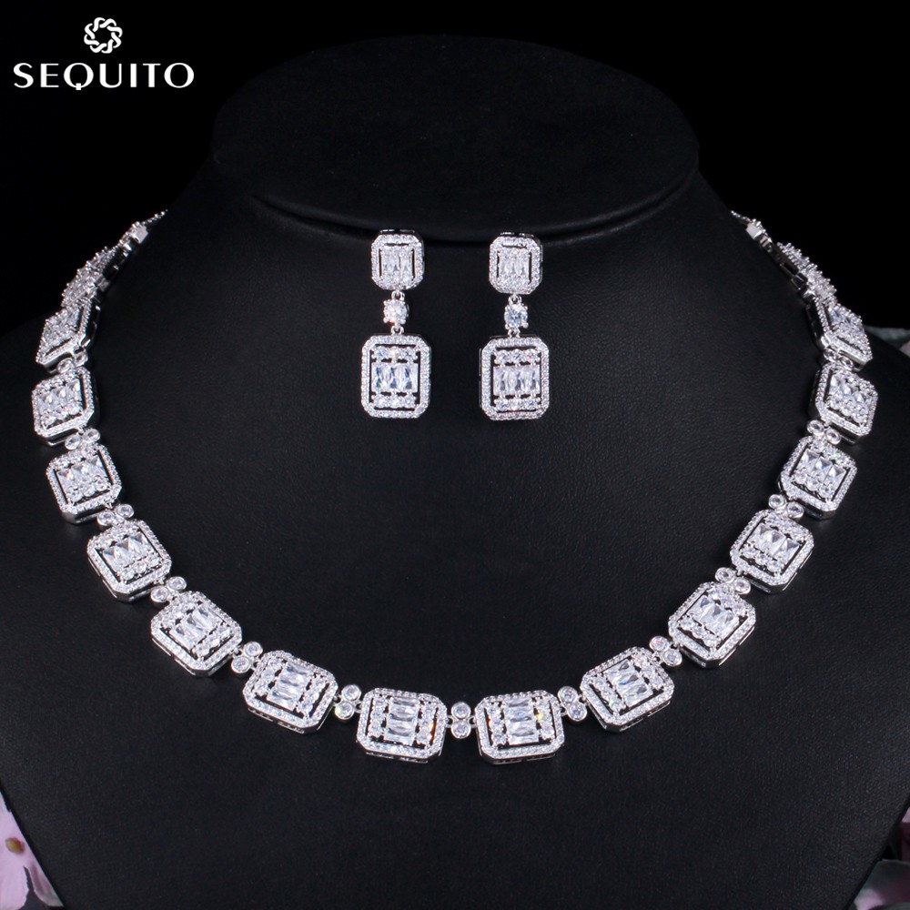 Sequito Bộ Vòng cổ + Bông Tai Đính Đá zircon Màu Bạc Sang Trọng Cho Nữ js124
