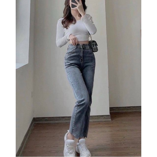 Quần jeans suông cắt gấu co dãn cạp cao màu siêu tây kèm ảnh thật
