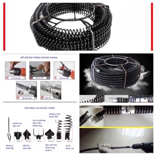 Dây thông tắc cống, bồn cầu, bồn rửa dùng cho máy khoan dây lò xo phi 16 + 6 đầu thông + 1 đầu kết) nối