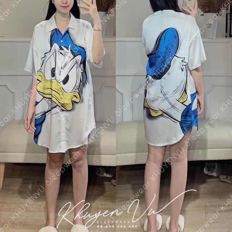 Váy ngủ sơ mi lụa tay lỡ Gấu cute 14