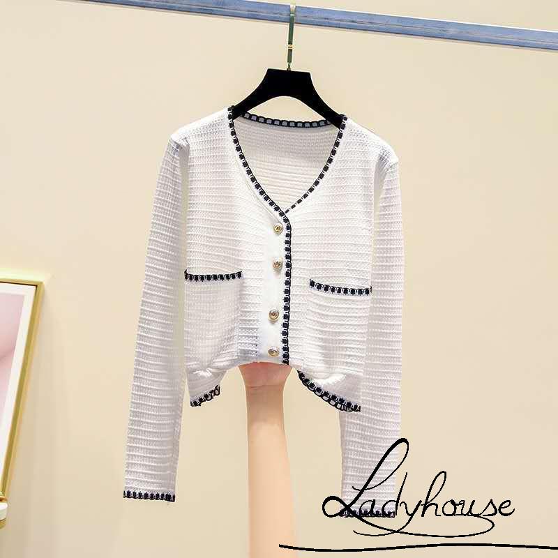 Áo khoác cardigan dệt kim cổ chữ V tay dài dáng rộng phối túi thanh lịch cho nữ