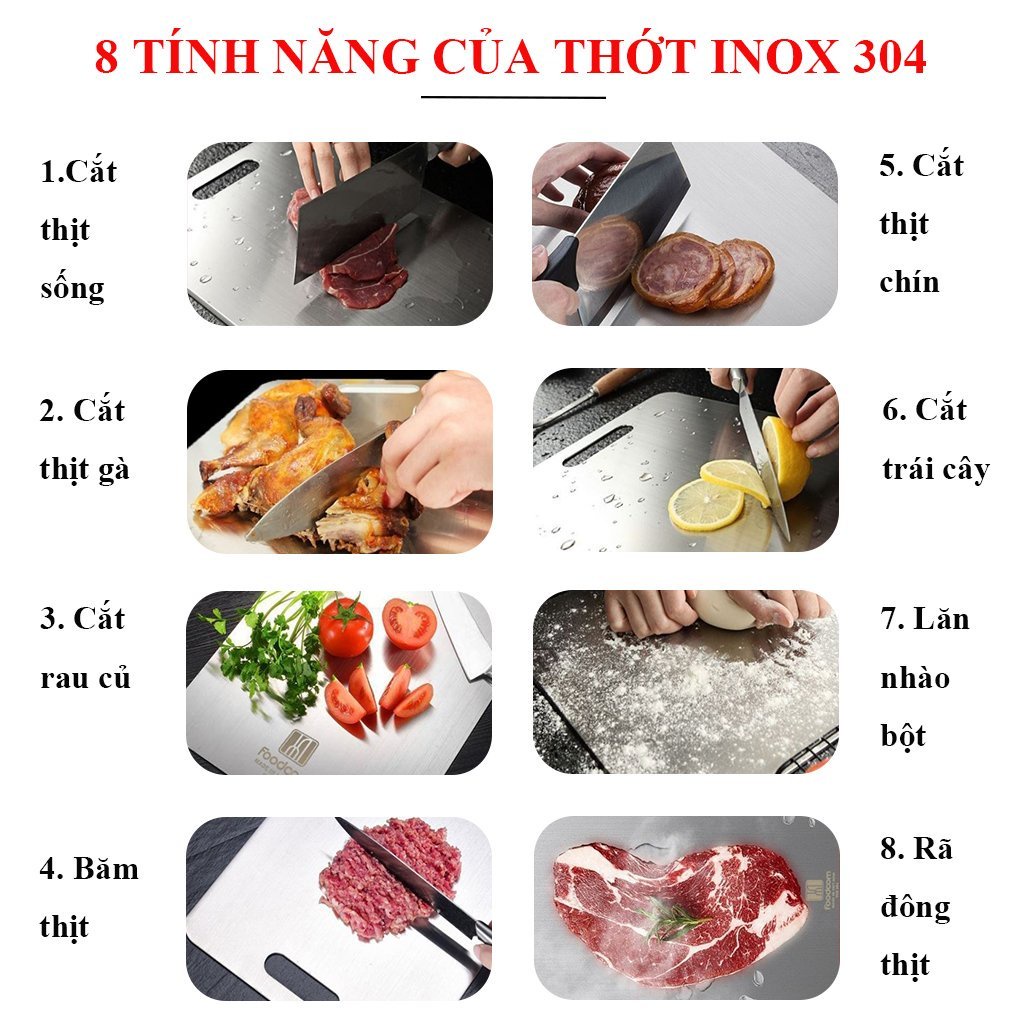 Combo 2 thớt inox cao cấp Foodcom chất liệu inox 304 cao cấp kháng khuẩn