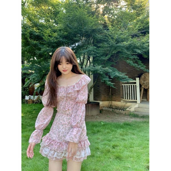 Set áo trễ vai croptop + chân váy đuôi cá chữ A dáng ngắn hoa nhí màu hồng dễ thương ulzzang Hàn Quốc Yannie