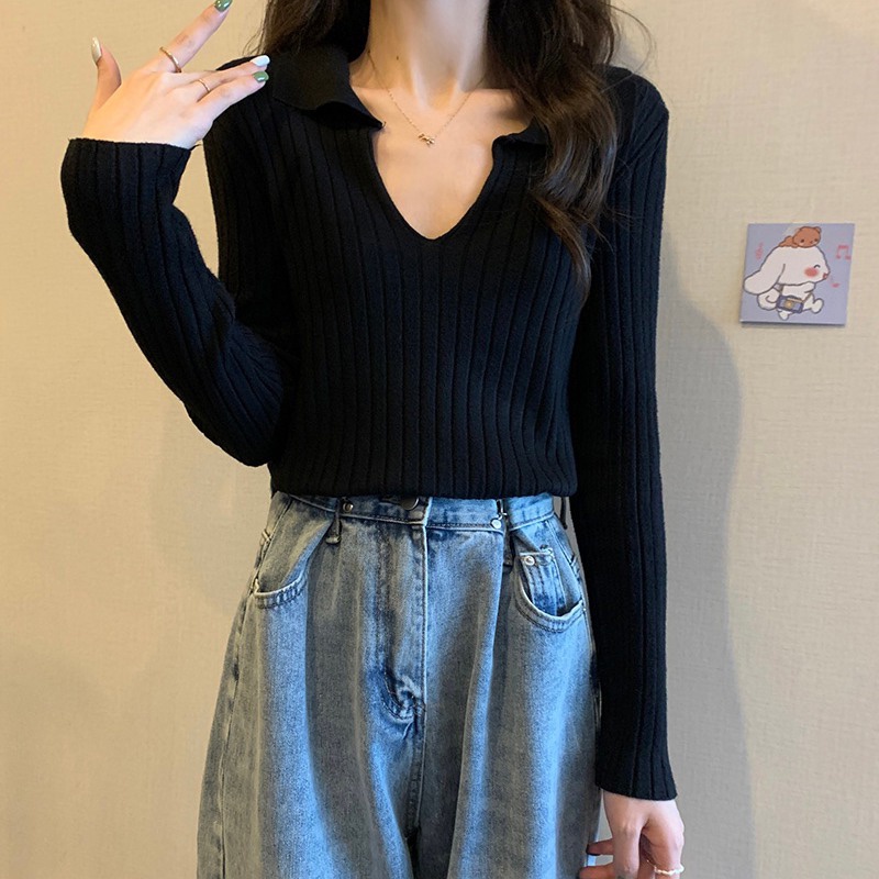 Áo kiểu ZHELIHANGFEI vải dệt kim tay dài cổ polo dáng ôm thời trang cá tính cho nữ