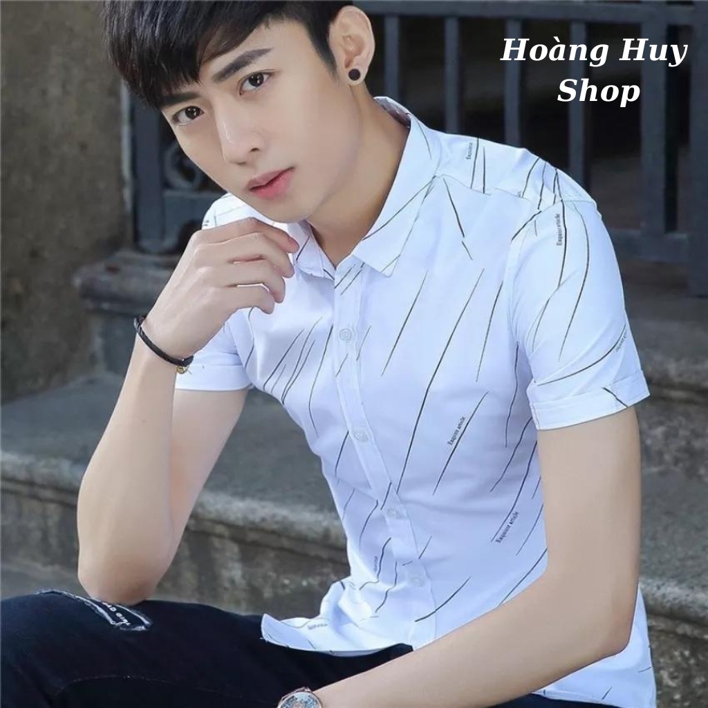 Áo sơ mi nam tay ngắn in họa tiết sọc chéo thiết kế trẻ trung, lịch lãm dành cho phái mạnh