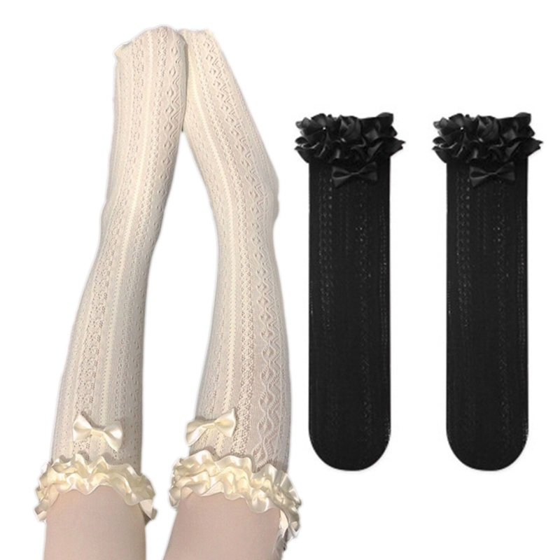 Xiangbao Vớ Cao Đến Đầu Gối Vải Satin Phối Bèo Họa Tiết Kẻ Sọc Rỗng Ngọt Ngào Dành Cho Bạn