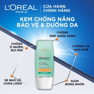 Kem Chống Nắng L'Oréal Kiềm Dầu Thoáng Mịn Da UV Perfect Matte &amp; Fresh SPF 50+/PA++++ 15ml