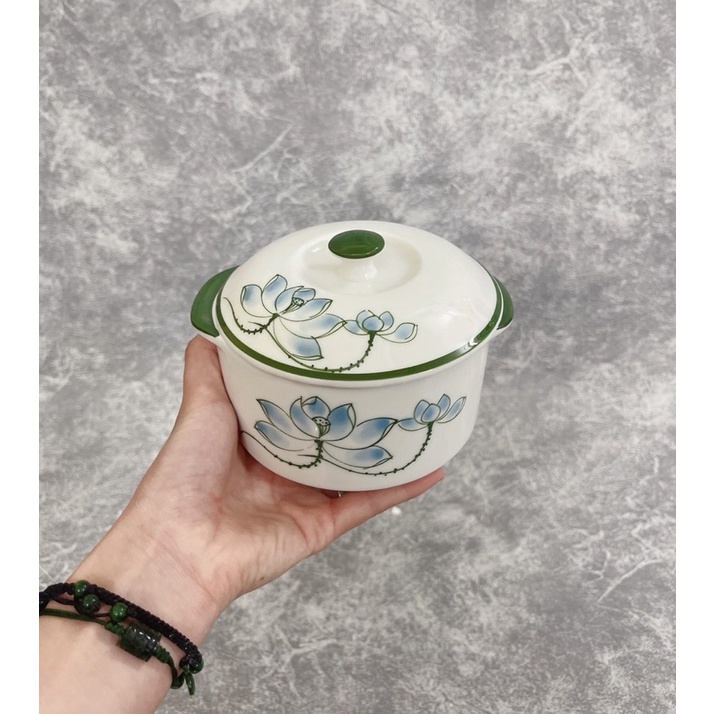 Thố nắp thố chưng yến gốm sứ Bát Tràng cao cấp dung tích 600ml cao 11cm đường kính 12cm