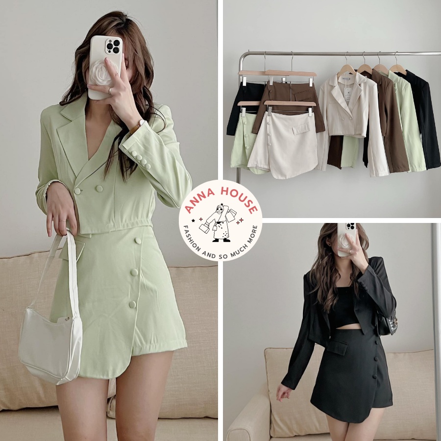 Set áo blazer cổ vest tay dài đệm vai dáng croptop kèm quần giả váy ngắn, set đồ nữ áo blazer nữ ngắn và quần giả váy