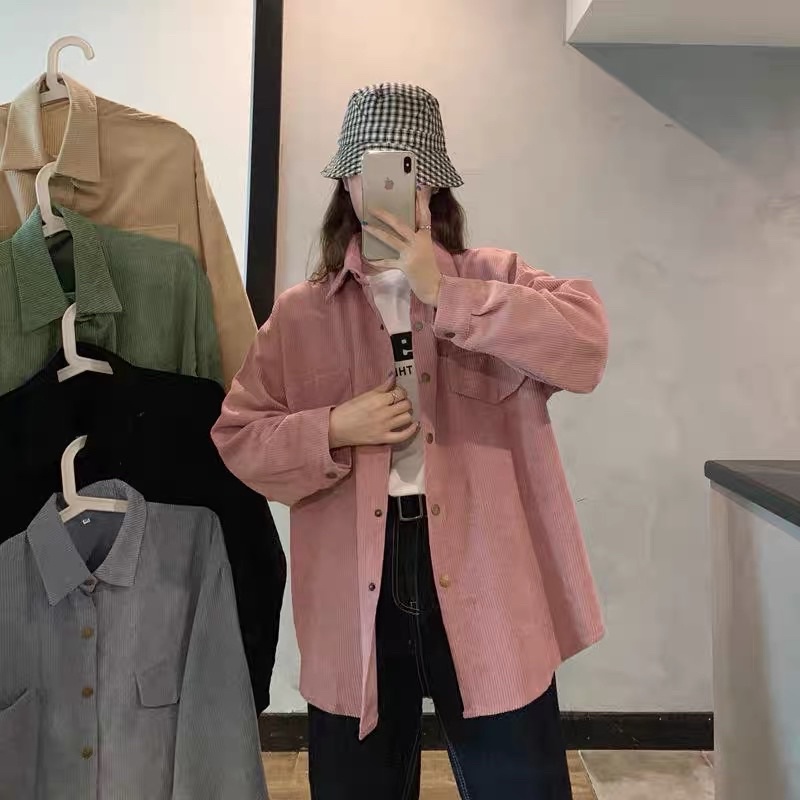 Áo khoác dáng sơmi có cổ nút cài kaki nhung gân có túi unisex ulzzang nam nữ