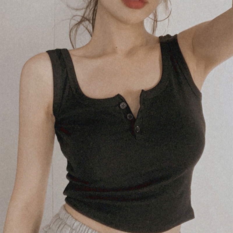 Brroa Áo Croptop Dệt Kim Sát Nách Cổ Xẻ Ngực Cài Nút Trước Dáng Ôm Phong Cách Pháp Quyến Rũ Cho Nữ Tập Luyệ