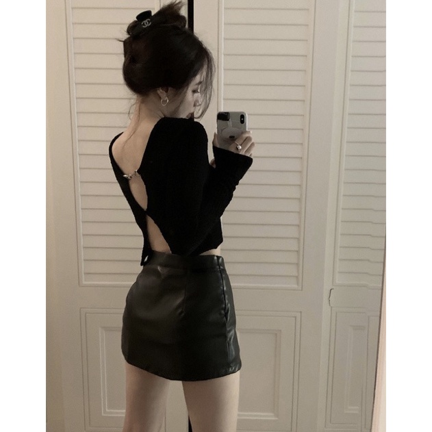 Áo croptop + chân váy da Ulzzang