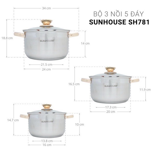 Bộ 3 Nồi Inox SUNHOUSE 5 Đáy Cao Cấp SH 781 Quai Núm Vàng Dùng Được Cho Các Loại Bếp