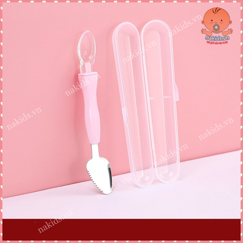 Thìa Nạo Hoa Qủa 2 Đầu Cho Bé Ăn Dăm - Muỗng Cạo Nhỏ Hoa Qủa 2 Đầu Silicon Và Inox Cao Cấp Có Hộp Đựng