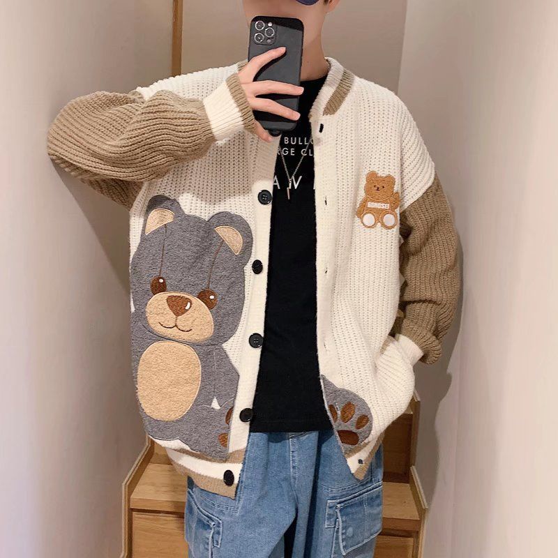 Áo Khoác Cardigan Dệt Kim Thêu Hình Gấu Kiểu Nhật Bản Thời Trang Mùa Đông Cho Nam