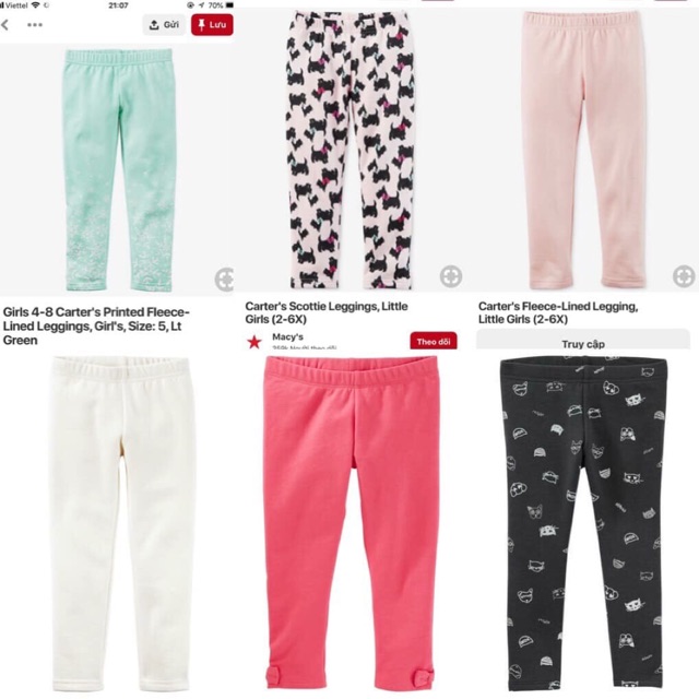 Quần legging nỉ bông bé gái 3m-14y