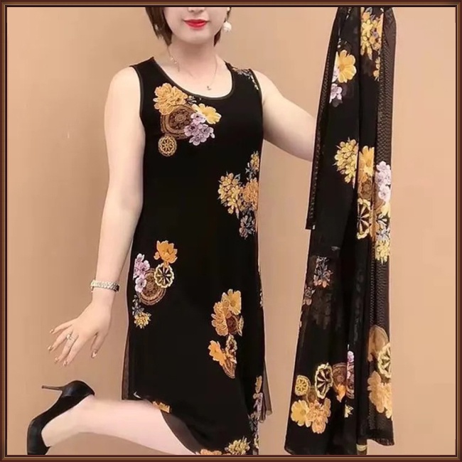 Bộ Đầm 2 Món Không Tay Cổ Tròn + Áo Khoác Cardigan Chống Nắng Thời Trang Mùa Hè Cho Nữ