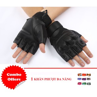 COMBO Găng tay nam hở ngón kiểu lính phối da cao cấp (Đen, Size L) + Khăn phượt đa năng