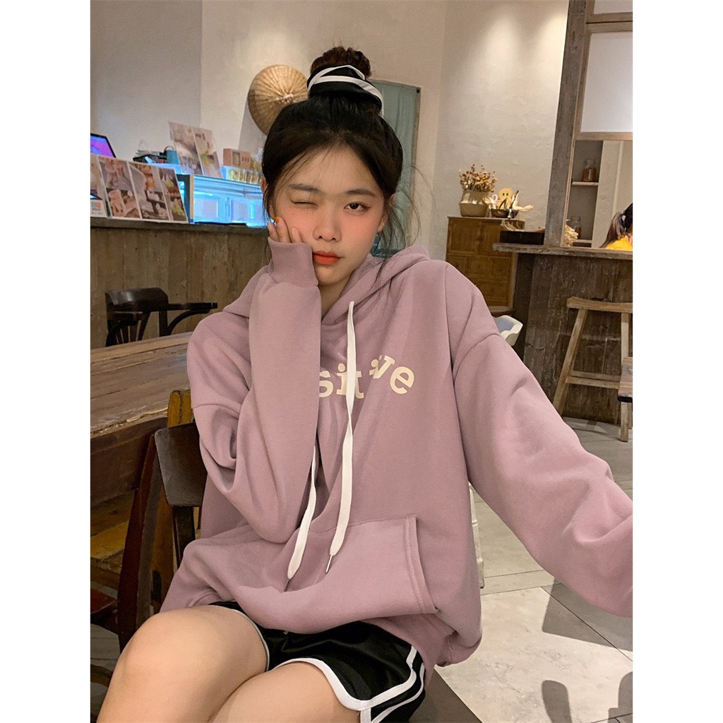 Áo hoodie nữ có mũ POSITIVE form rộng 2 màu xinh xắn/ Áo nỉ mặc thu đông tay bồng có túi trước trẻ trung_xuongmaythuhien | BigBuy360 - bigbuy360.vn