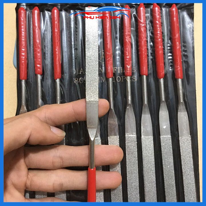 Bộ 10 đầu mài kim cương dũa kim loại 180x5mm mũi tùy chọn tam giác, dẹt, lòng mo, tròn