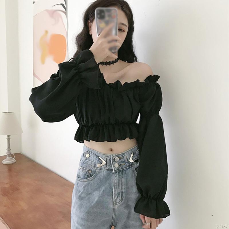 Áo trễ vai tay phồng màu trơn thời trang cho nữ