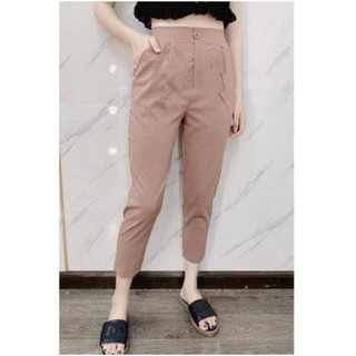 Thời trang nữ Quần baggy nữ lửng lưng thun - Cạp chun cao - Ống suông - Chất vải đũi xịn xuất Hàn hàng VNXK