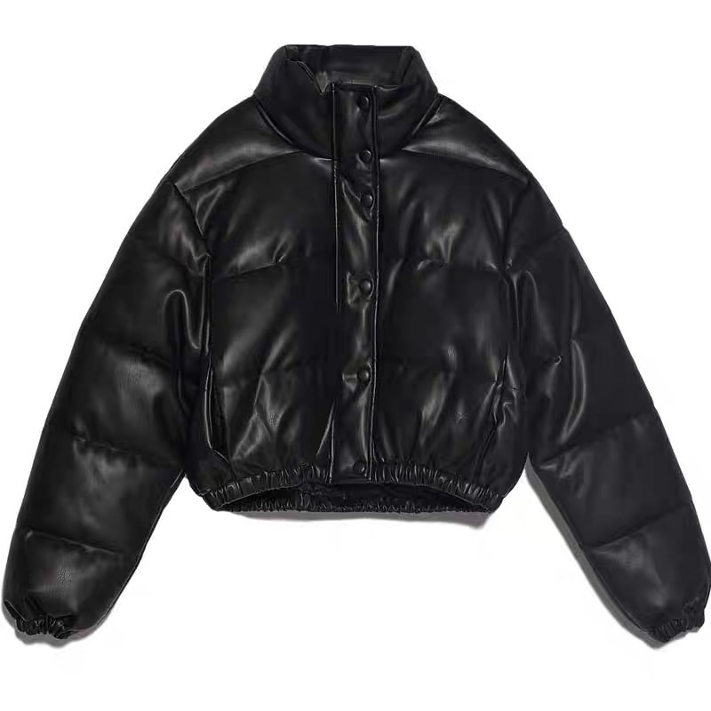 Áo khoác áo phao da Pu dáng ngắn