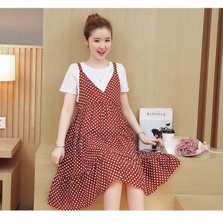 Sét Yếm Bầu Chấm Bi Đỏ Rời  kèm áo