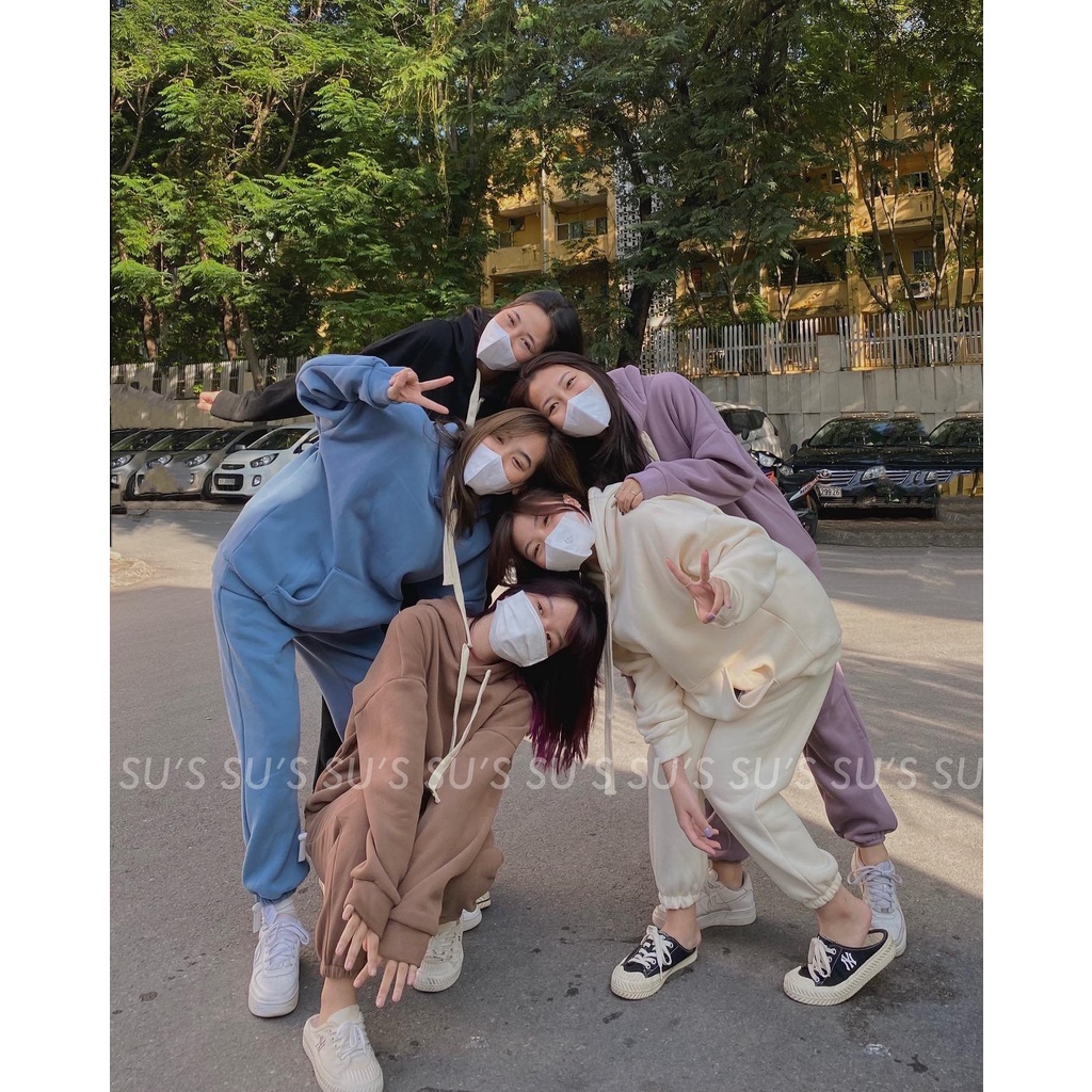 Bộ Nỉ Hoodie Dây Bản To PEONYB Nữ [FREESHIP]  Set quần boom áo sweater form rộng tay bồng, thun trơn màu đẹp Ulzzang