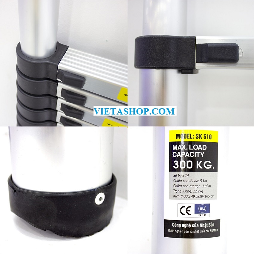 Thang nhôm rút Sumika SK510 - Màu đen 5.1m, rút gọn 0,96m, tải trọng 300kg-BH 24 Tháng - Luôn Có Phụ Kiện Thay Thế