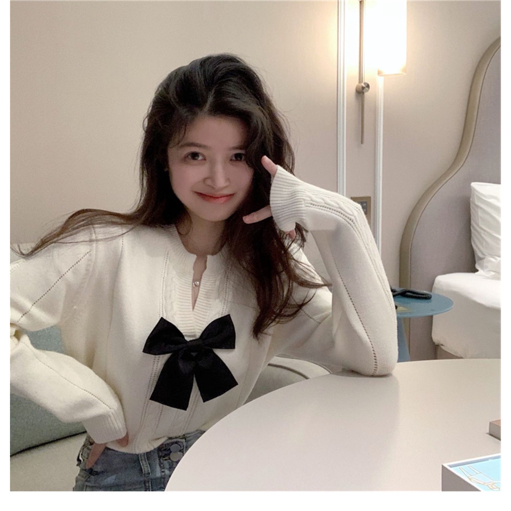 Áo len nữ hàn quốc bánh bèo dài tay có gắn nơ xinh | BigBuy360 - bigbuy360.vn