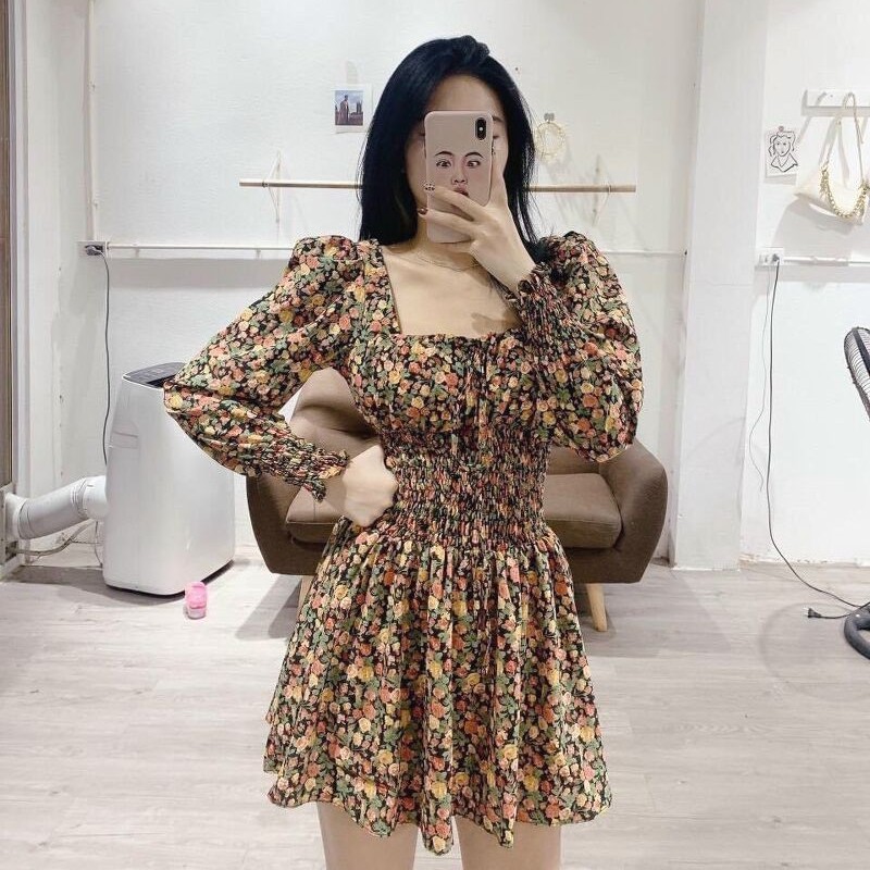 Váy hoa bo chun eo cổ vuông sexy dáng ngắn nhiều màu