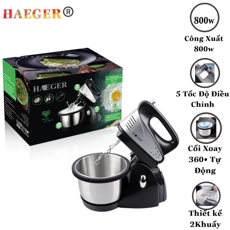 Máy Đánh Bột Trứng 5 Tốc Độ 800w HAEGER Để Bàn Hoặc Cầm Tay Kèm 2 Móc Tiện Dụng