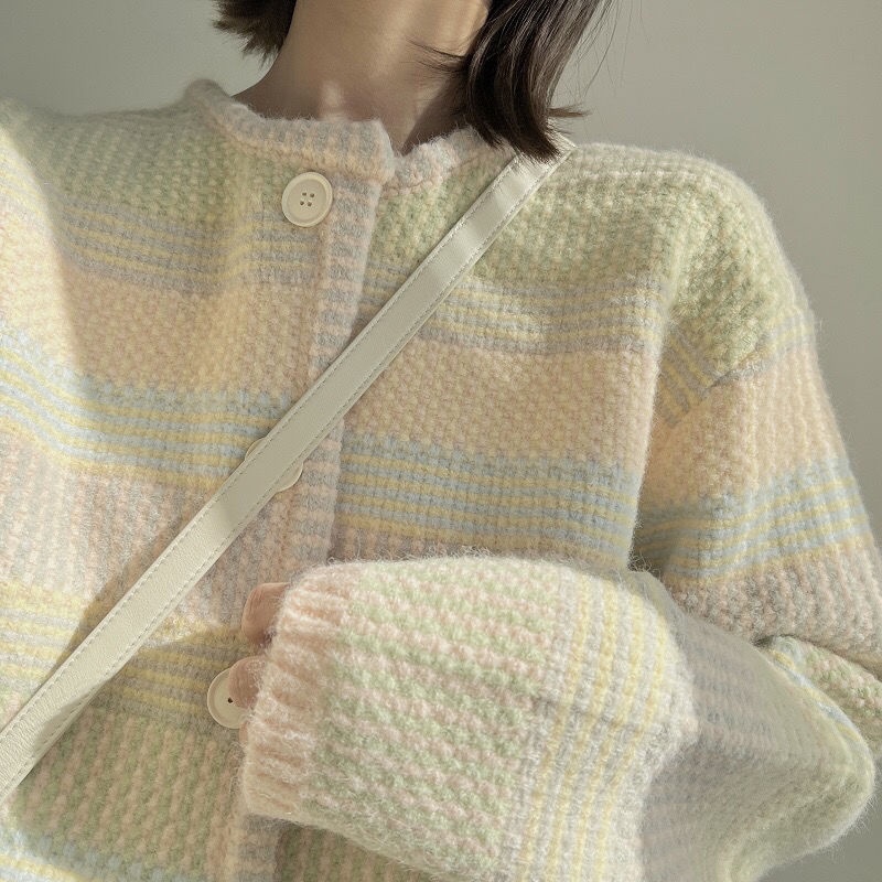 Áo Khoác Cardigan Dệt Kim Dáng Rộng Họa Tiết Kẻ Sọc Màu Sắc Cầu Vồng Xinh Xắn Thời Trang Mùa Đông Cho Nữ