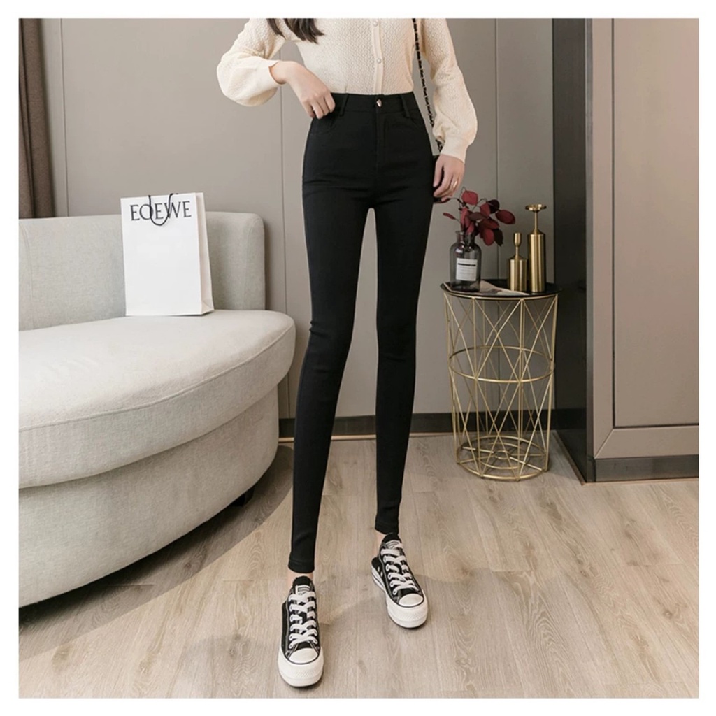 Quần legging nữ cạp cao dáng dài chất Umi hàn màu đen dày dặn co dãn 4 chiều Quần tregging nữ 1 khuy có túi ôm gen bụng