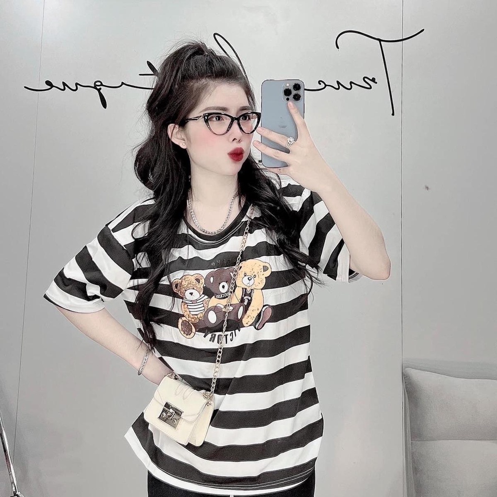 Set áo thun sọc trắng đen in gấu quần ôm borip đen