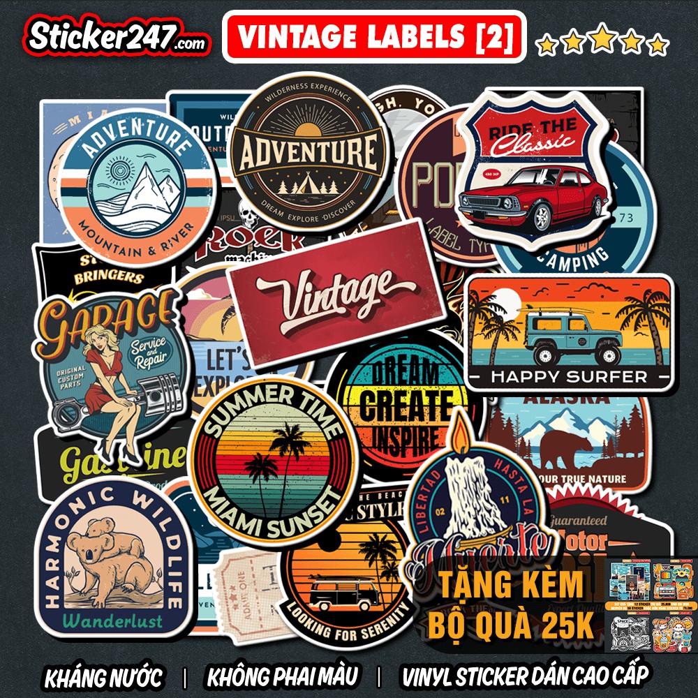 Sticker Vintage Labels  🌈𝑭𝒓𝒆𝒆𝒔𝒉𝒊𝒑 chống nước, sticker dán laptop, điện thoại, đàn guitar, mũ bảo hiểm, vali, ipad
