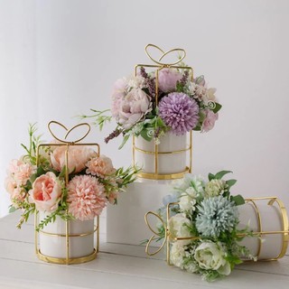 [Ảnh thật- có sẵn ] Giỏ hoa sứ khung kim loại, hoa lụa trang trí siêu đẹp, sang trọng