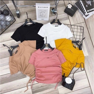Áo thun kiểu khoét cổ cổ hở vai tay cộc, Áo kiểu rut dây 2 bên ngắn tay vải cotton co giãn AT32 - phamtrangredep shop