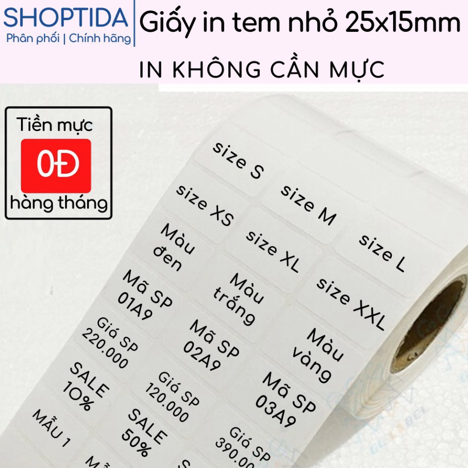 PBO Tem 25x15mm dán mác sản phẩm, tem phụ, tem nhỏ, in nhiệt decal Shoptida 5000 tem/cuộn 50 AO2